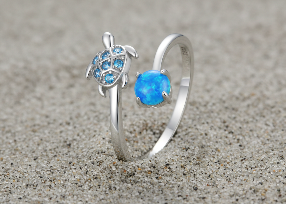 Turtle Ring with Sea Blue Zirconia Stone