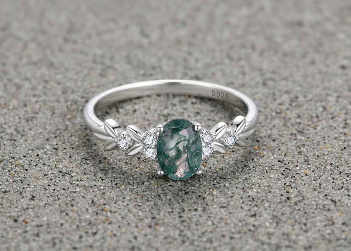 925 Oval Cut Moss Agate Ring