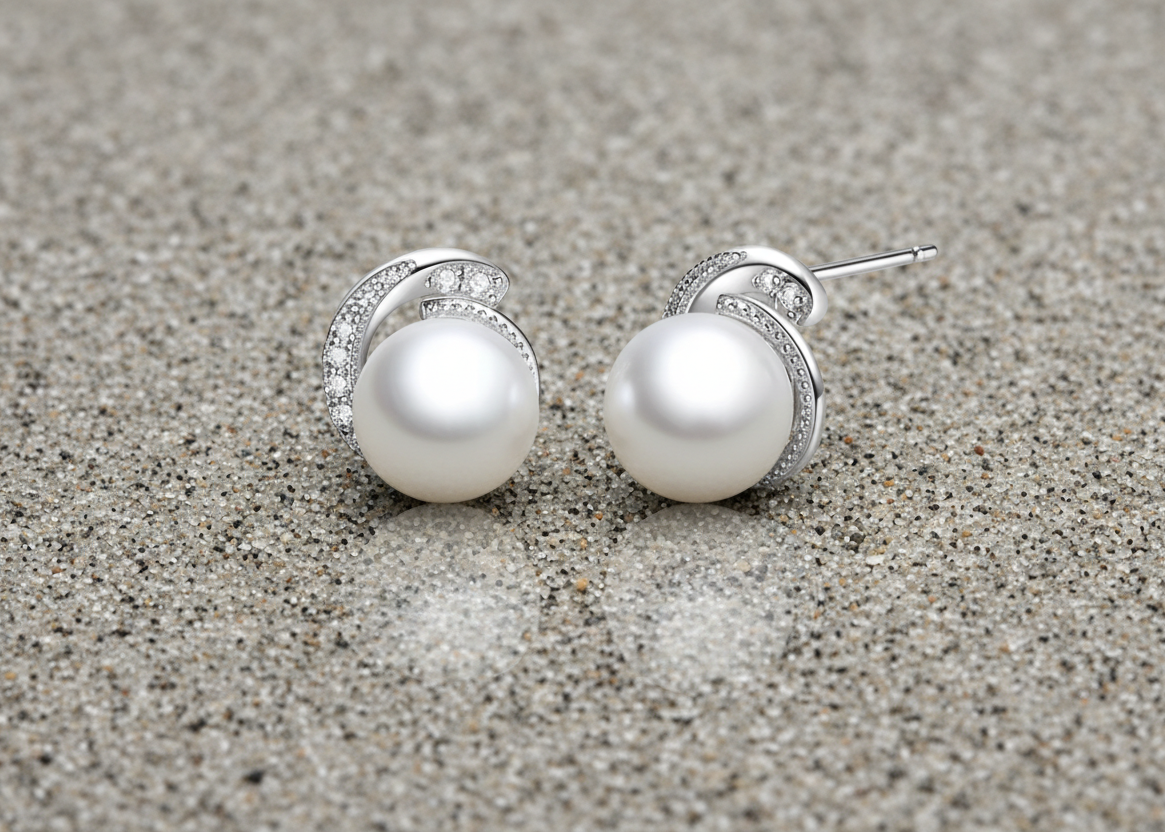 Pearl Earrings with Twisted Zirconia Stones