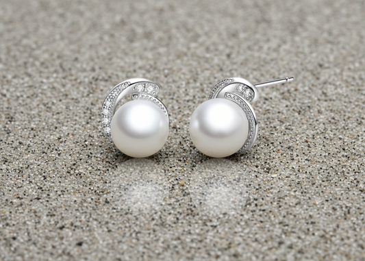 Pearl Earrings with Twisted Zirconia Stones