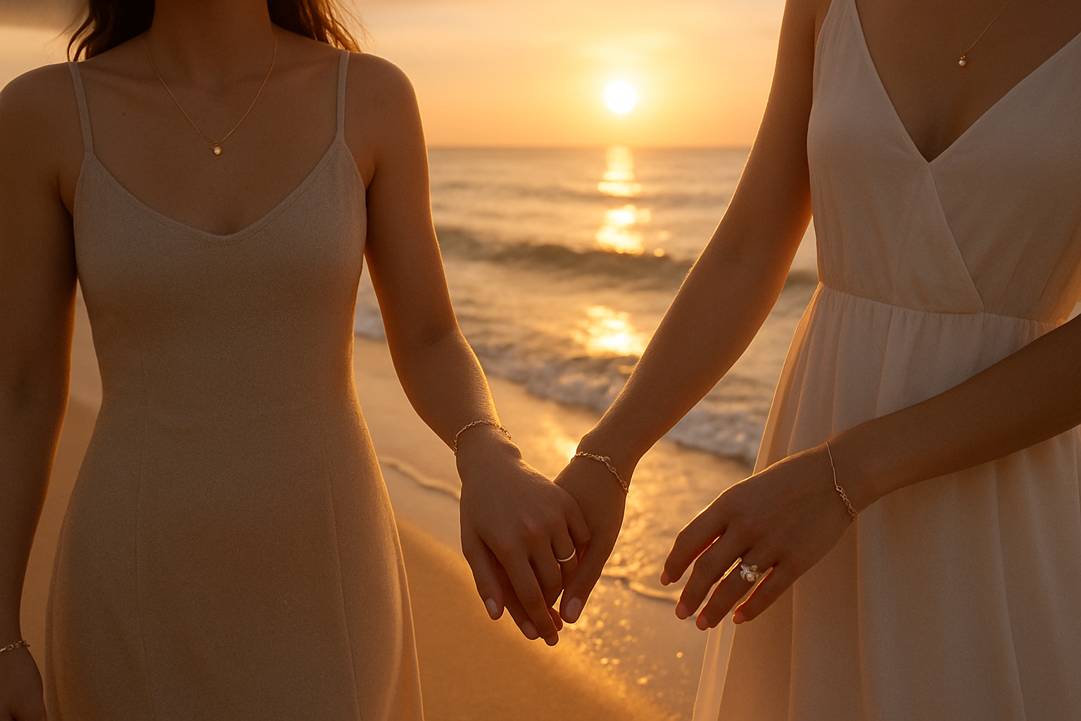 holding hands on beach wearing jewelru