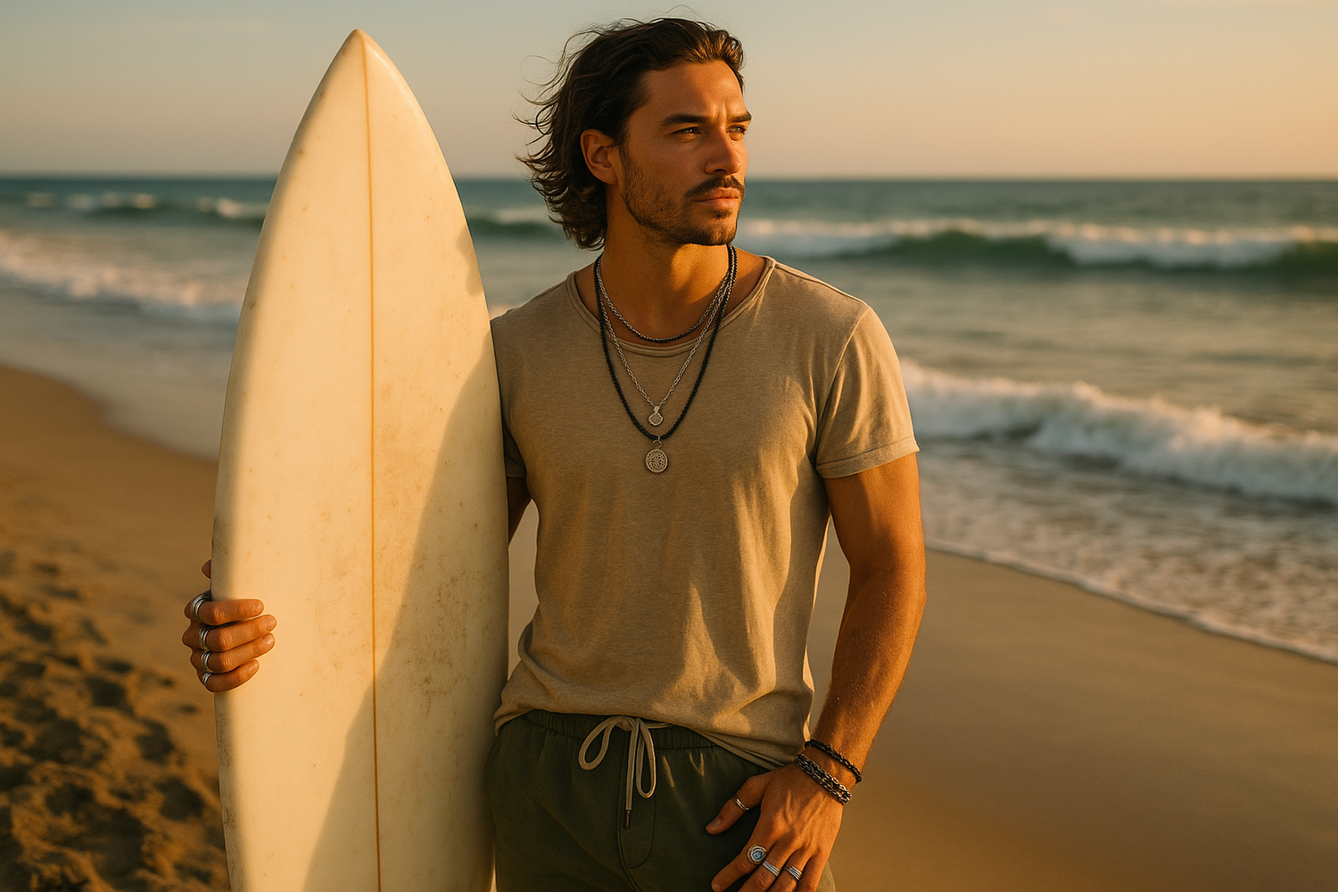 Man holding surfboard wearing jewelry